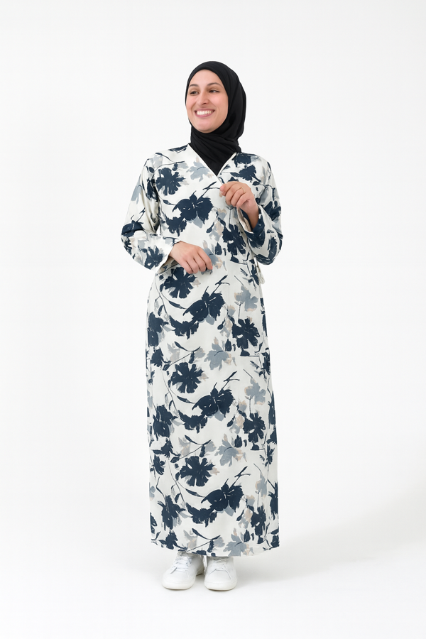 Yaprak Desenli Kruvaze Namaz Elbisesi – %100 Viskon, Yandan Bağlamalı 36-46 Beden - Image 1