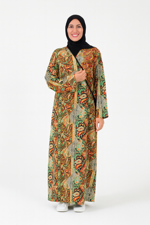 Etnik Desenli Kruvaze Namaz Elbisesi – %100 Viskon, Yandan Bağlamalı 36-46 Beden - Image 1