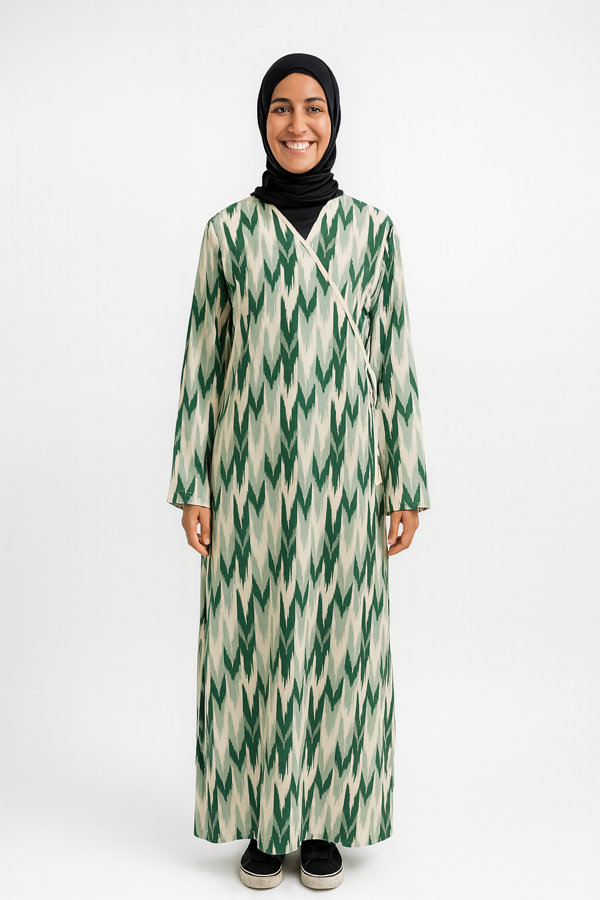 Zigzag Desenli Kruvaze Namaz Elbisesi – %100 Viskon, Yandan Bağlamalı 36-46 Beden - Image 1