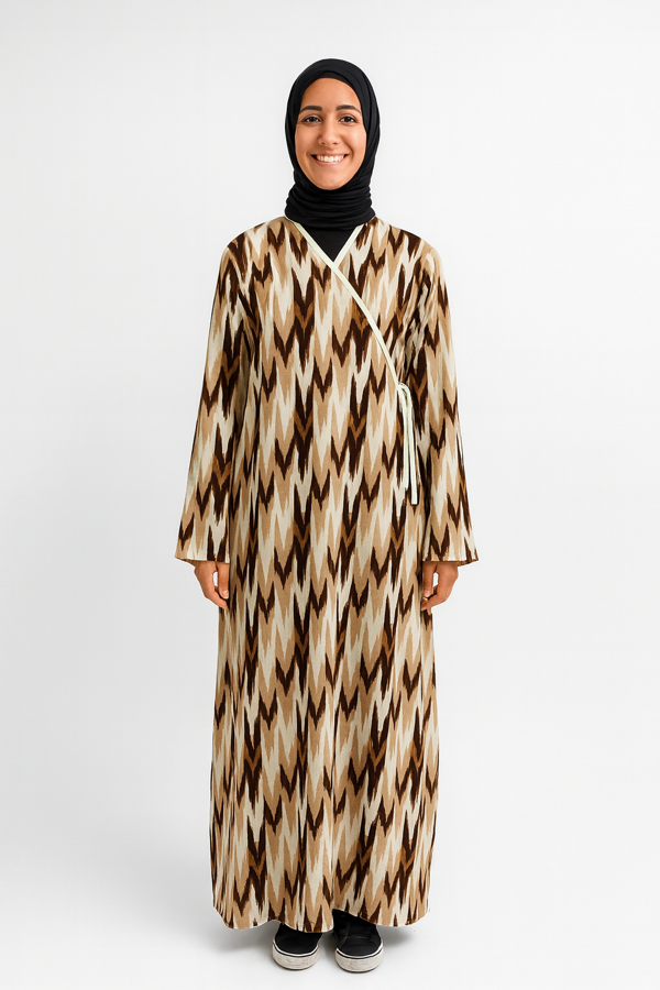 Zigzag Desenli Kruvaze Namaz Elbisesi – %100 Viskon, Yandan Bağlamalı 36-46 Beden - Image 1