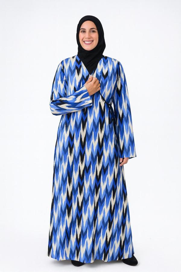 Zigzag Desenli Kruvaze Namaz Elbisesi – %100 Viskon, Yandan Bağlamalı 36-46 Beden - Image 1