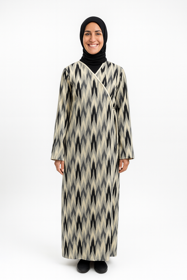 Zigzag Desenli Kruvaze Namaz Elbisesi – %100 Viskon, Yandan Bağlamalı 36-46 Beden - Image 1