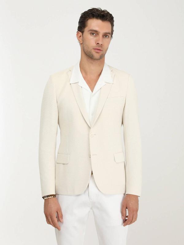 Ekru Düz Slim Fit Örme Ceket - Image 1