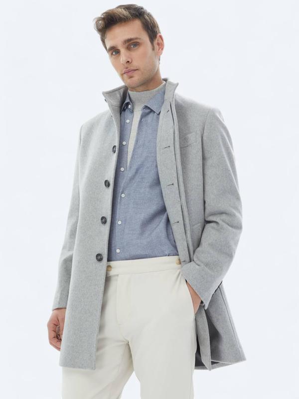 Gri Regular Fit Dik Yaka Klasik Dokuma Palto - Image 1