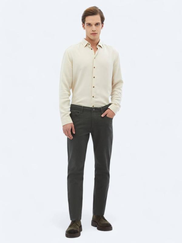 Haki Dokuma Slim Fit Casual Pamuk Karışımlı Pantolon - Image 1