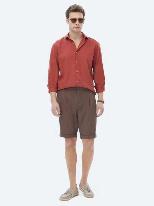 Kahverengi Dokuma Carrot Fit Casual Bermuda - Image 1