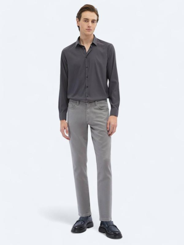 Gri Dokuma Slim Fit Casual Pamuk Karışımlı Pantolon - Image 1