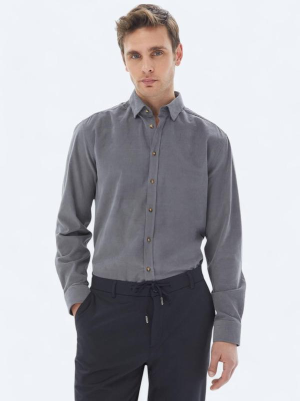 Gri Fitilli Regular Fit Dokuma Kadife Casual %100 Pamuk Gömlek - Image 1