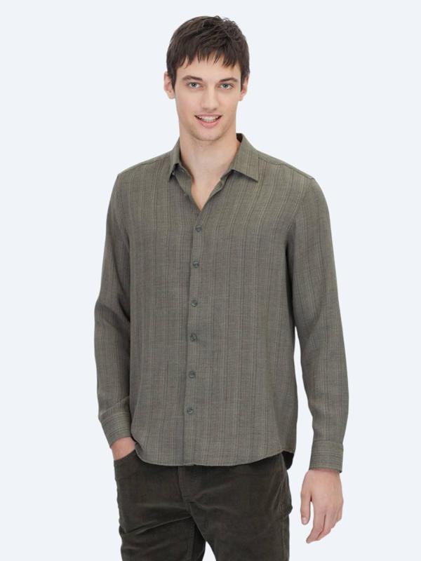 Haki Çizgili Regular Fit Dokuma Casual Gömlek - Image 1