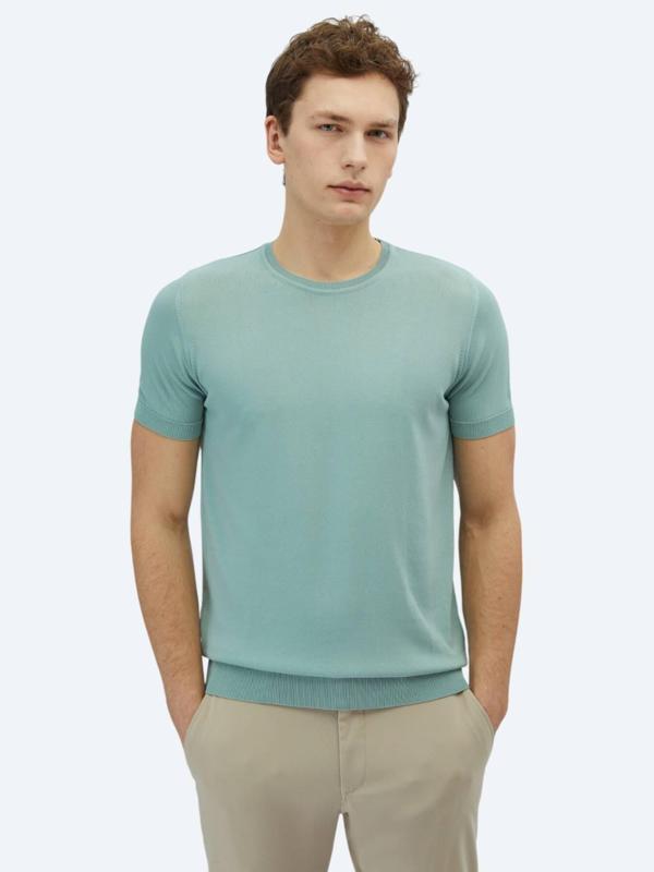 Su Yeşili Bisiklet Yaka Düz Örgü Triko - Image 1