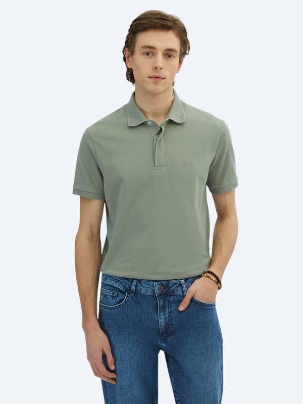 Haki Düz Polo Yaka %100 Pamuk T-Shirt - Image 1