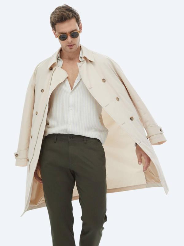 Açık Bej Oversize Fit Kruvaze Yaka Casual Dokuma Pardesü - Image 1