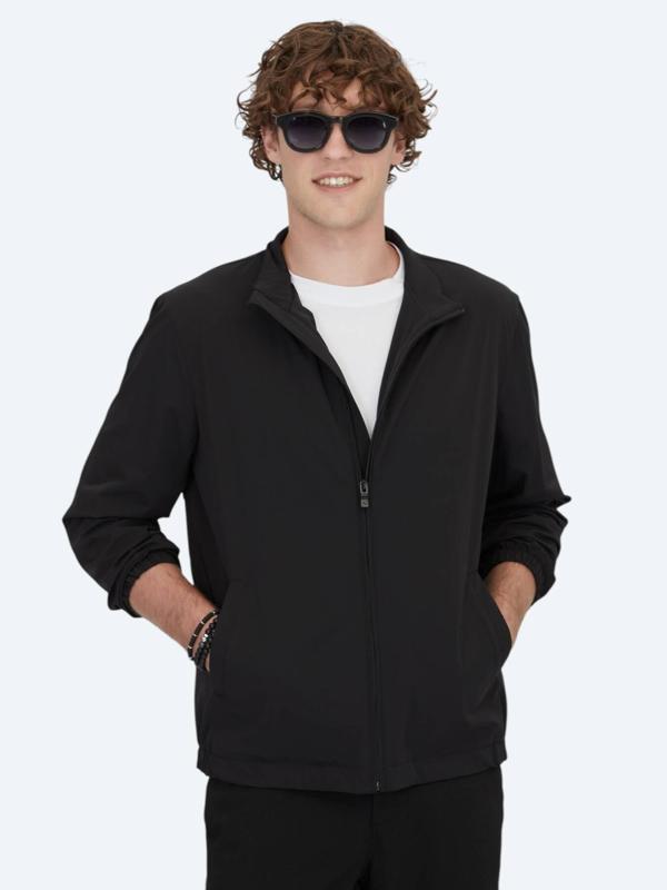 Siyah Regular Fit Dik Yaka Casual Dokuma Mont - Image 1