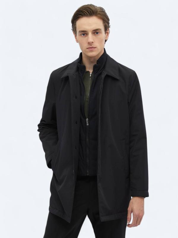 Siyah Regular Fit Bebe Yaka Casual Dokuma Pardesü - Image 1