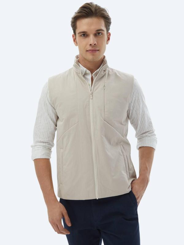 Ekru Regular Fit Dik Yaka Casual Dokuma Spor Yelek - Image 1