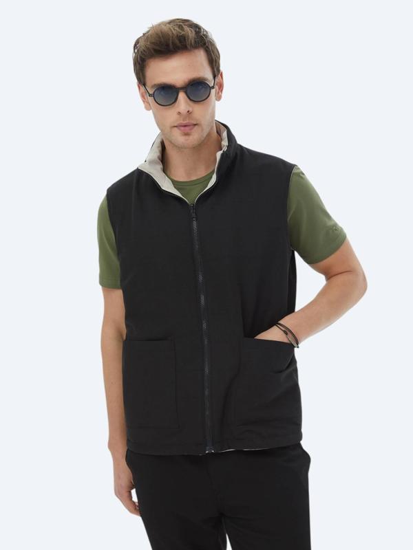 Siyah Regular Fit Gizli Kapüşon Casual Dokuma Çift Taraflı Spor Yelek - Image 1