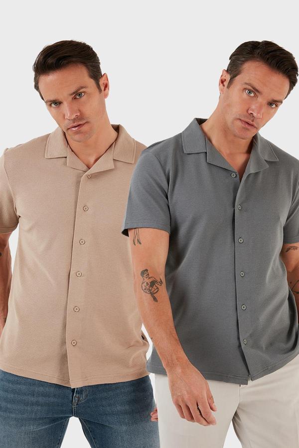 Buratti Pamuklu Regular Fit Kısa Kollu 2'li Paket Erkek Gömlek 5902640S2 Vizon-Açık Haki - Image 1