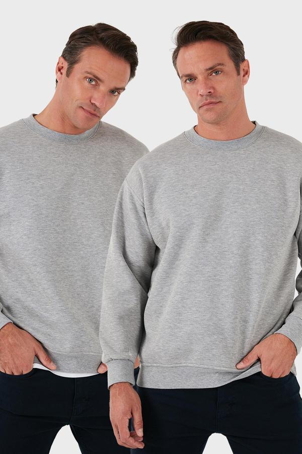 Buratti Regular Fit Bisiklet Yaka Şardonlu 2'li Paket Erkek Sweat 5905255S2 Gri Melanj-Gri Melanj - Image 1