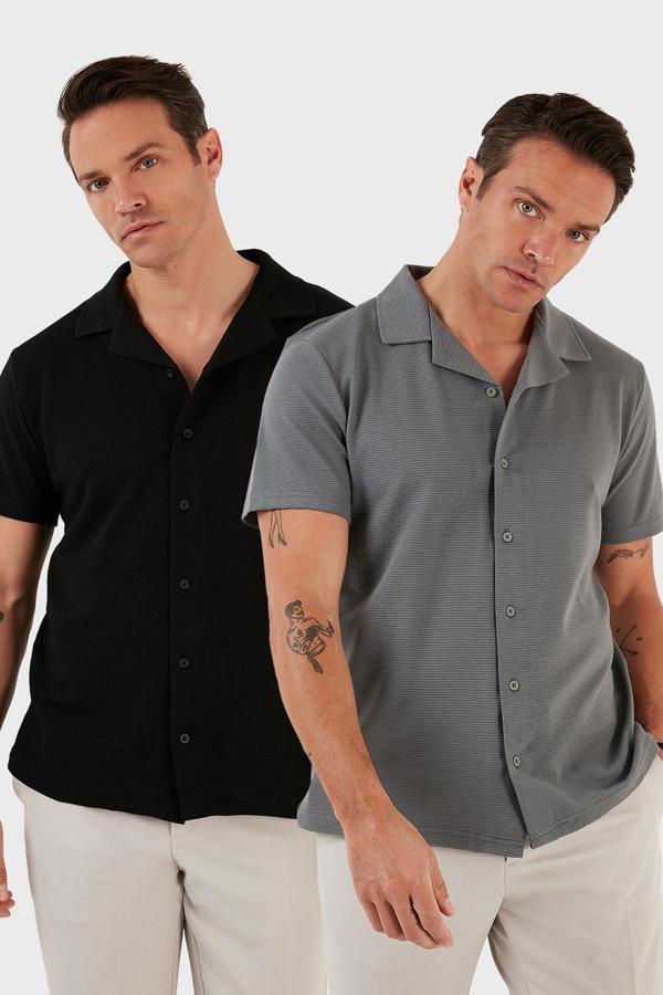 Buratti Pamuklu Regular Fit Kısa Kollu 2'li Paket Erkek Gömlek 5902640S2 Siyah-Açık Haki - Image 1