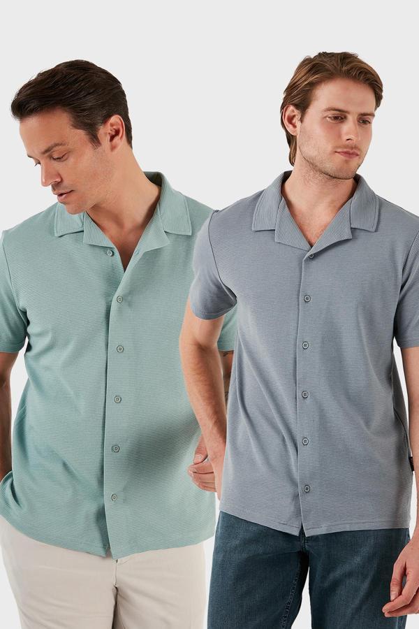 Buratti Pamuklu Regular Fit Kısa Kollu 2'li Paket Erkek Gömlek 5902640S2 Mint-Açık Gri - Image 1
