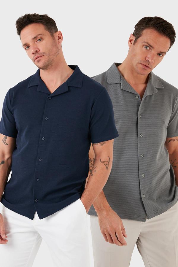 Buratti Pamuklu Regular Fit Kısa Kollu 2'li Paket Erkek Gömlek 5902640S2 Açık Haki-İndigo - Image 1