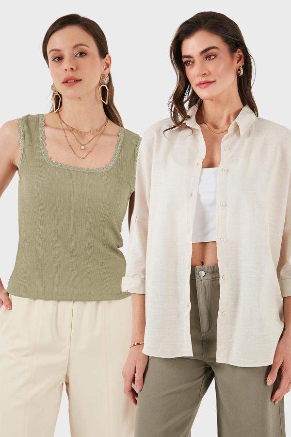 Lela Streç Pamuklu Oversize Fit 2' li Paket Bayan Gömlek-Atlet Set 67810014979S2 Bej-Olıve - Image 1