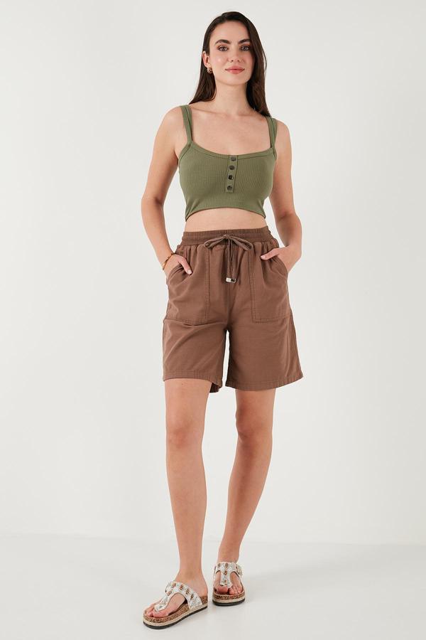 Lela Pamuklu Relaxed Fit Yüksek Bel Cepli Mini Bayan Şort 668YP5384 KAHVE - Image 1
