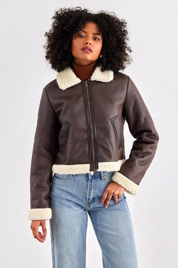 Only Onlbetty Regular Fit Yapay Tüylü Geniş Yaka Kısa Bayan Mont 15324138 KAHVE - Image 1