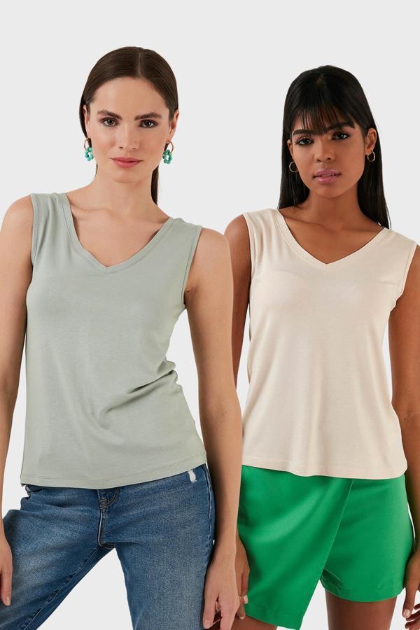 Lela Slim Fit V Yaka Kalın Askılı 2' li Paket Bayan Bluz 5864384S2 ÇAĞLA-TAŞ - Image 1