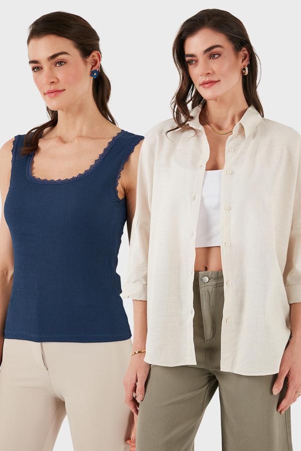 Lela Streç Pamuklu Oversize Fit 2' li Paket Bayan Gömlek-Atlet Set 67810014979S2 BEJ-İNDİGO - Image 1
