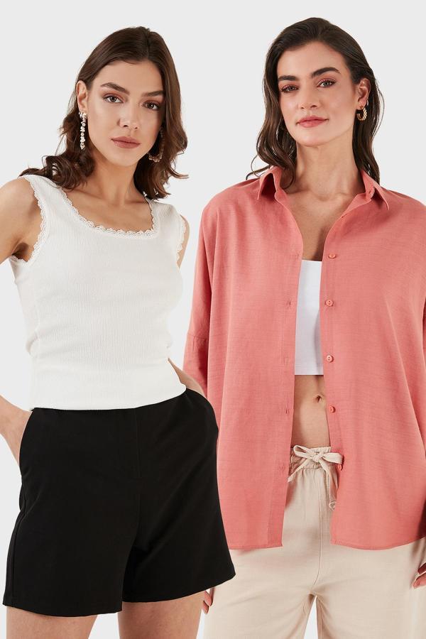 Lela Streç Pamuklu Oversize Fit 2' li Paket Bayan Gömlek-Atlet Set 67810014979S2 Tarçın-Ekru - Image 1