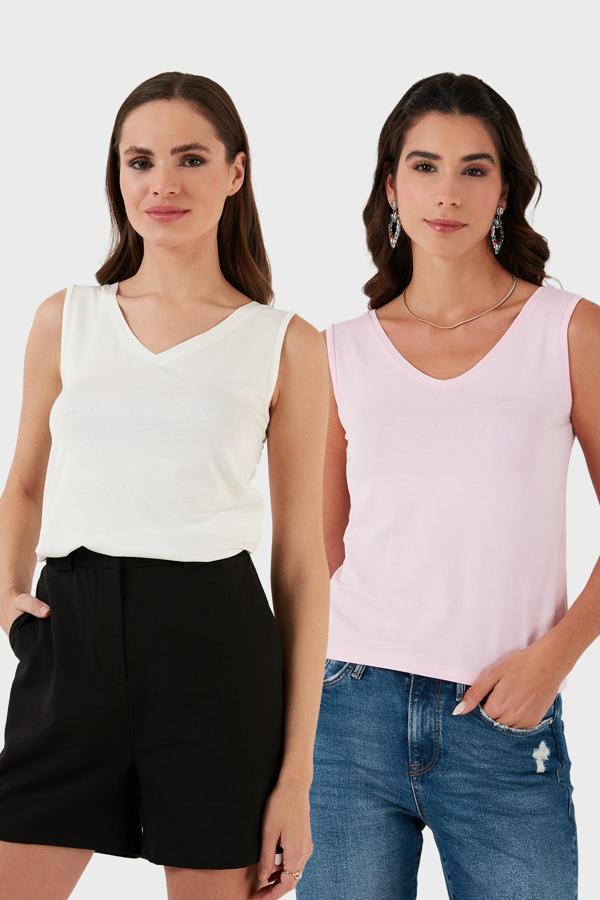 Lela Slim Fit V Yaka Kalın Askılı 2' li Paket Bayan Bluz 5864384S2 EKRU-TOZ PEMBE - Image 1