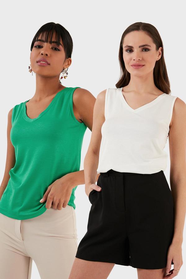 Lela Slim Fit V Yaka Kalın Askılı 2' li Paket Bayan Bluz 5864384S2 EKRU-BENETTON - Image 1