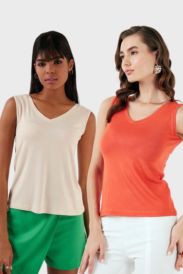 Lela Slim Fit V Yaka Kalın Askılı 2' li Paket Bayan Bluz 5864384S2 TAŞ-NAR ÇİÇEĞİ - Image 1