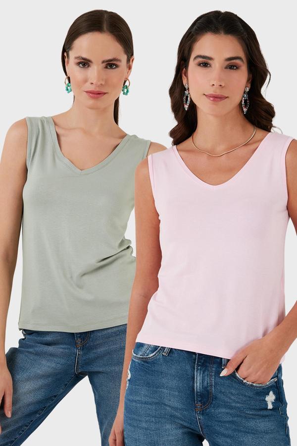 Lela Slim Fit V Yaka Kalın Askılı 2' li Paket Bayan Bluz 5864384S2 ÇAĞLA-TOZ PEMBE - Image 1