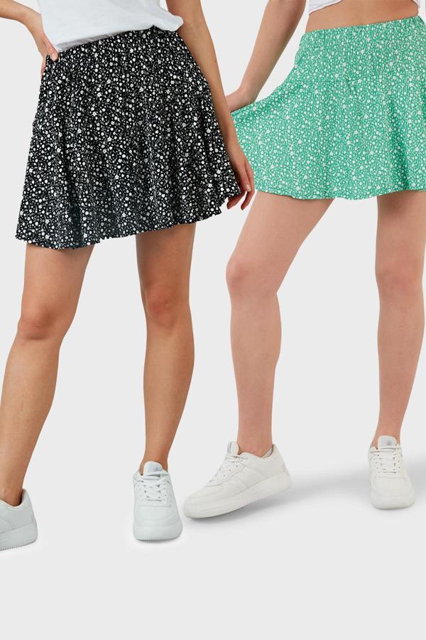 Lela Desenli Beli Lastikli Slim Fit Mini 2'li Paket Bayan Şort Etek 5864024S2 Benetton-Siyah - Image 1