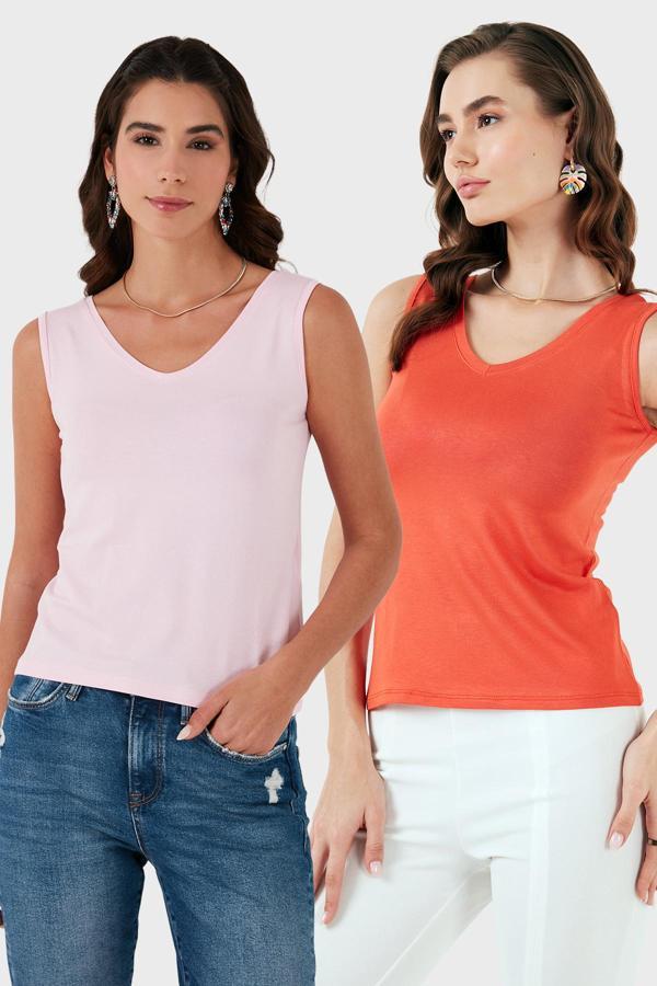 Lela Slim Fit V Yaka Kalın Askılı 2' li Paket Bayan Bluz 5864384S2 TOZ PEMBE-NAR ÇİÇEĞİ - Image 1