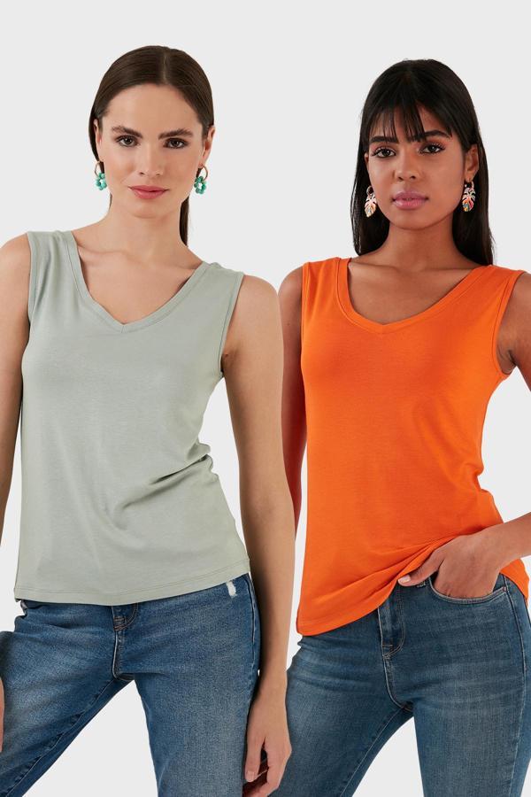 Lela Slim Fit V Yaka Kalın Askılı 2' li Paket Bayan Bluz 5864384S2 ÇAĞLA-ORANJ - Image 1