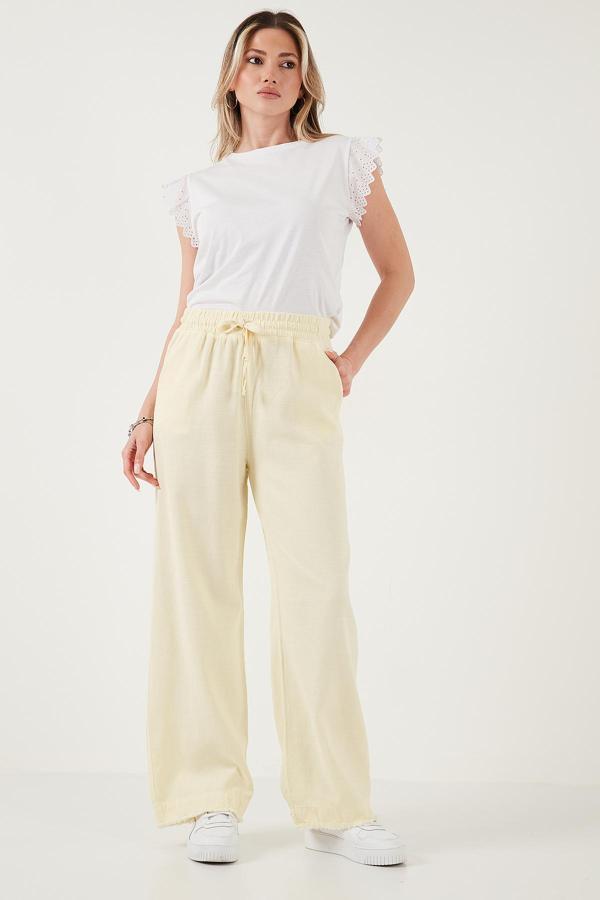 Lela Pamuklu Relaxed Fit Yüksek Bel Geniş Paça Bayan Pantolon 668YP5275 SARI - Image 1
