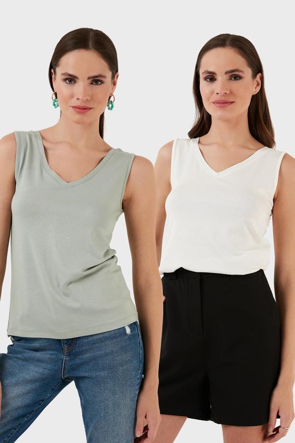 Lela Slim Fit V Yaka Kalın Askılı 2' li Paket Bayan Bluz 5864384S2 EKRU-ÇAĞLA - Image 1