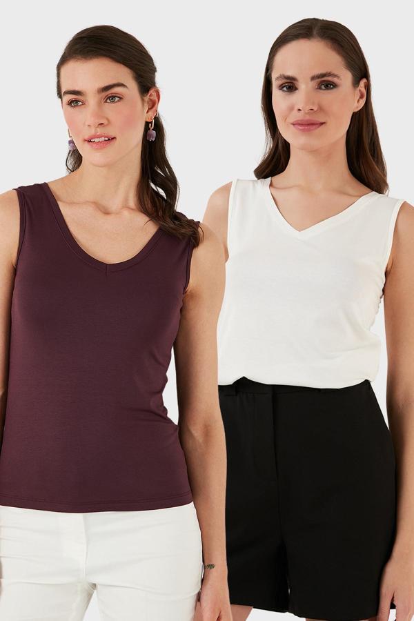 Lela Slim Fit V Yaka Kalın Askılı 2' li Paket Bayan Bluz 5864384S2 EKRU-VİŞNE - Image 1