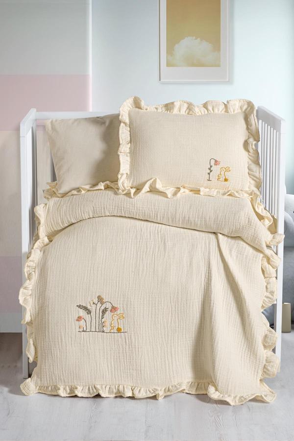 Kanz 4 Kat Hand Made Fırfırlı Müslin Örtü Seti Knz-020 Krem - Image 1