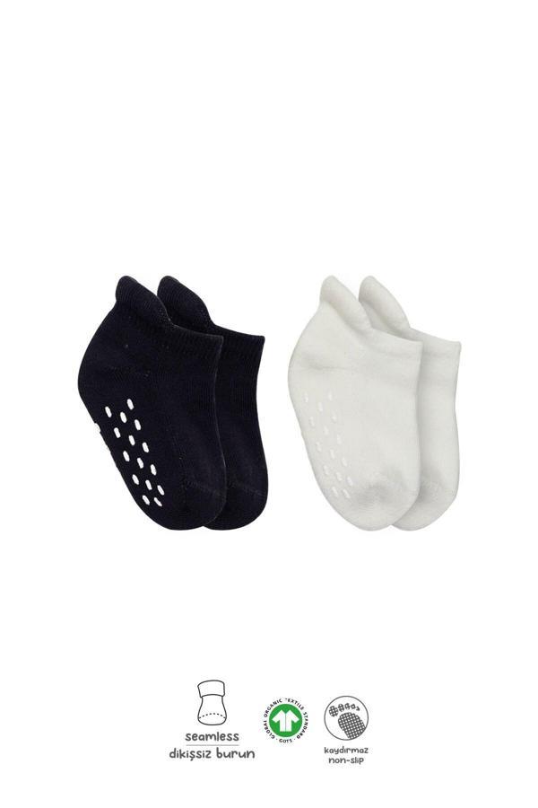 Bistyle 2'Li Altı Havlu Sneakers Kaymaz Çorap 20501 Siyah Ekru - Image 1