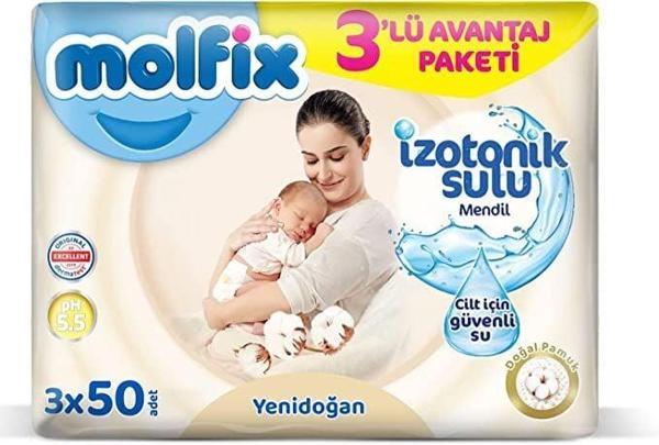 Molfix Yenidoğan İzotonik Sulu Doğal Pamuk Islak Havlu Mendil 3'Lü 150 Yaprak - Image 1
