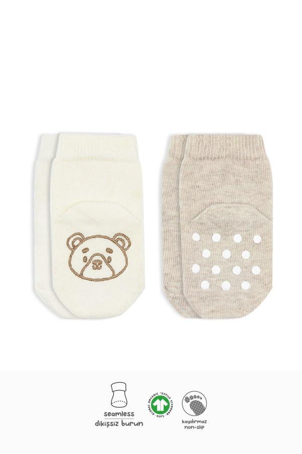 Bistyle Hayvan Figürlü Kaymaz Soket Çorap 2'Li BS10104 Bej Ekru - Image 1