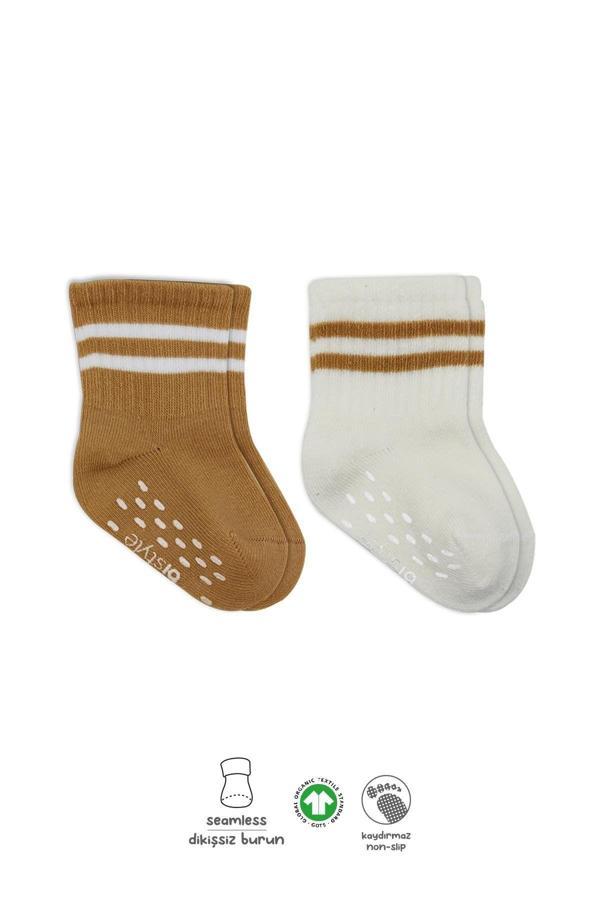 Bistyle Çemberli Kaymaz Soket Çorap 2'Li BS10125 Ekru Hardal - Image 1