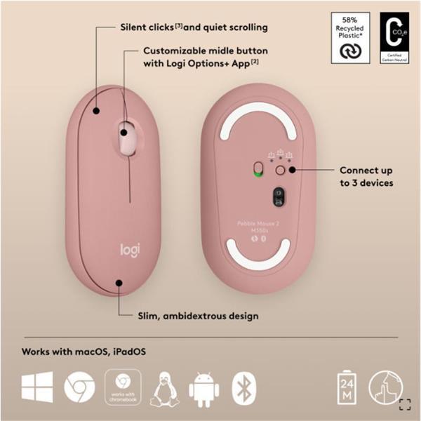 LOGITECH PEBBLE 2 M350S KABLOSUZ BLUETOOTH SESSİZ OPTİK MOUSE PEMBE 910-007014 - Image 1