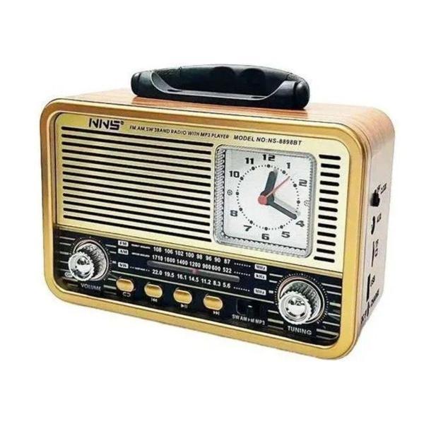 BUFFER® Orta Boy Saat Göstergeli Retro Ahşap Tasarım Bluetooth Hoparlörlü Radyo – FM/AM Destekli, Şarjlı ve Taşınabilir Radyo NS-8898 - Image 1