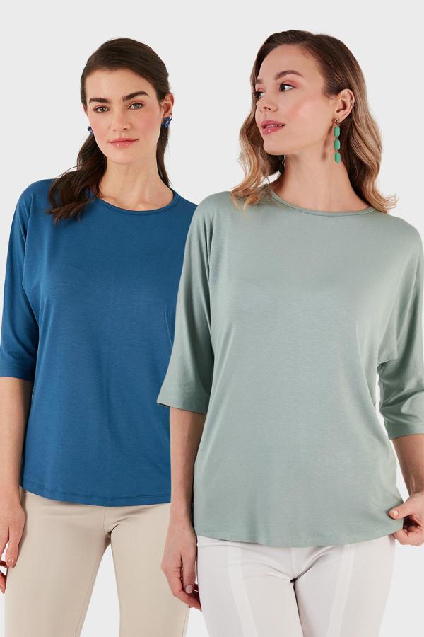 Lela Standart Fit Bisiklet Yaka Truvakar Kol 2'li Paket Bayan Bluz 5861416YS2 ÇAĞLA-İNDİGO - Image 1