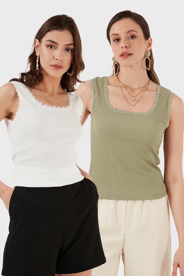 Lela Slim Fit Kalın Dantelli Kare Yaka Bürümcük 2'li Paket Bayan Atlet 5864979S2 Ekru-Olive - Image 1